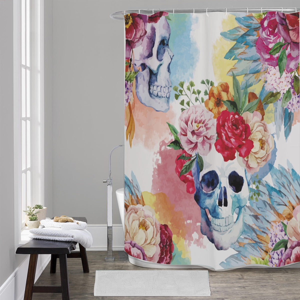 Floral sugar skull Shower Curtains, Day of the dead skull shower curtains, gothic skeleton curtain