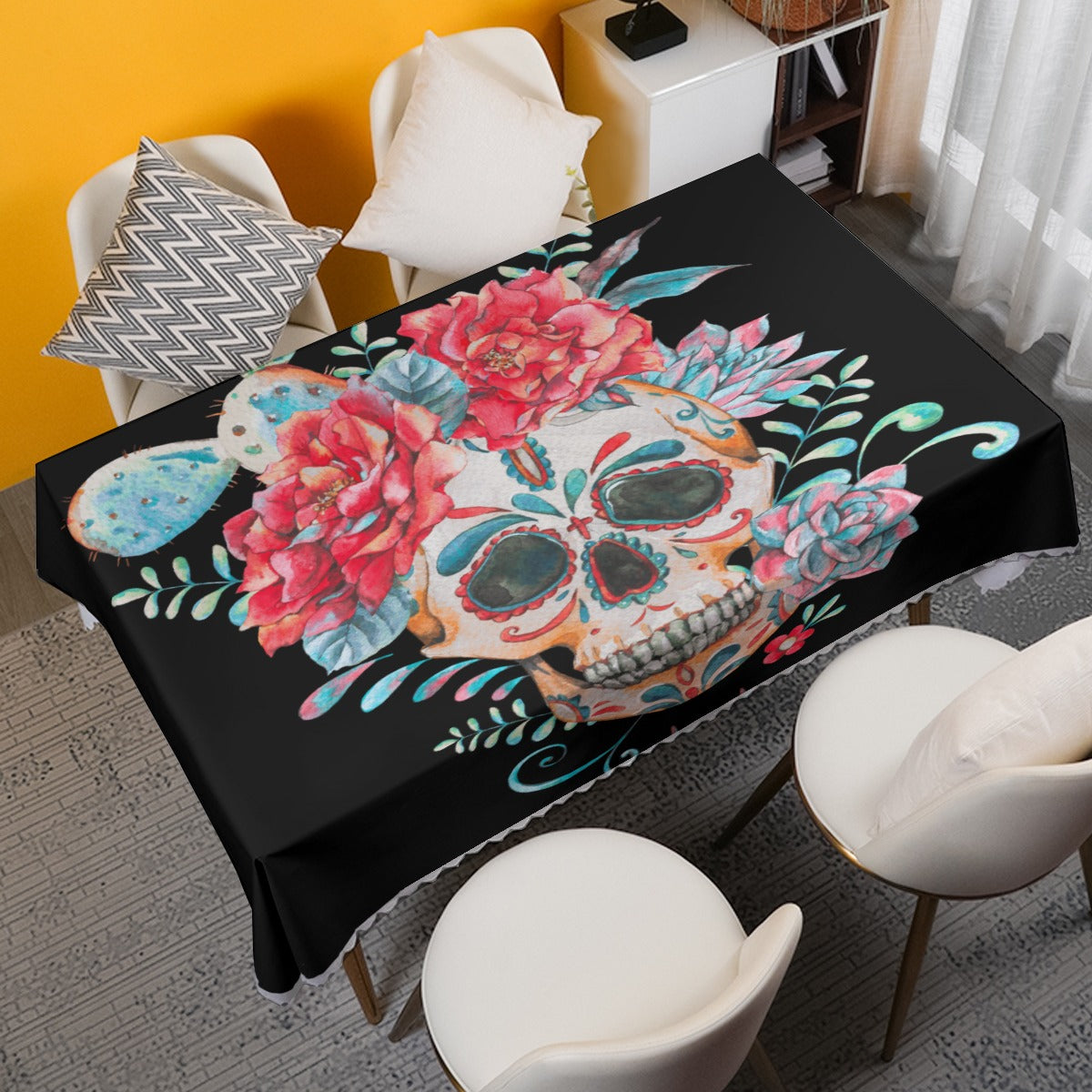 Floral skull gothic Halloween Waterproof tablecloth | Square 180(gsm)