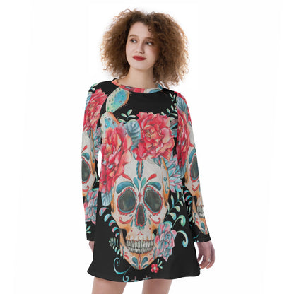 Floral skull Women's Raglan Sleeve Dress, Sugar skull day of the dead dress