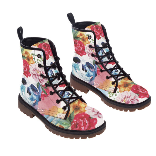 Floral rose skull Men's Martin Short Boots, Halloween Christmas boots shoes skeleton shoes