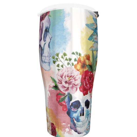 Floral sugar skull Tumbler 30oz, Gothic Halloween skeleton travel tumbler mug cup