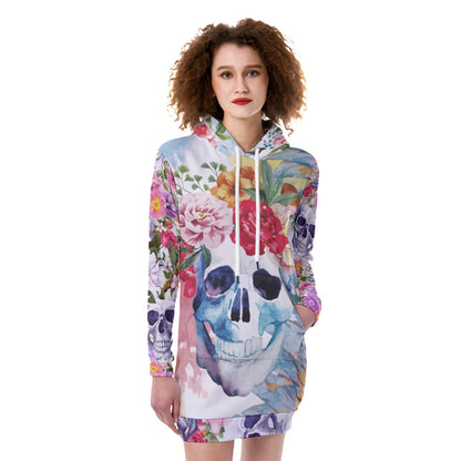 Floral skull All-Over Print Women's Heavy Fleece Long Hoodie