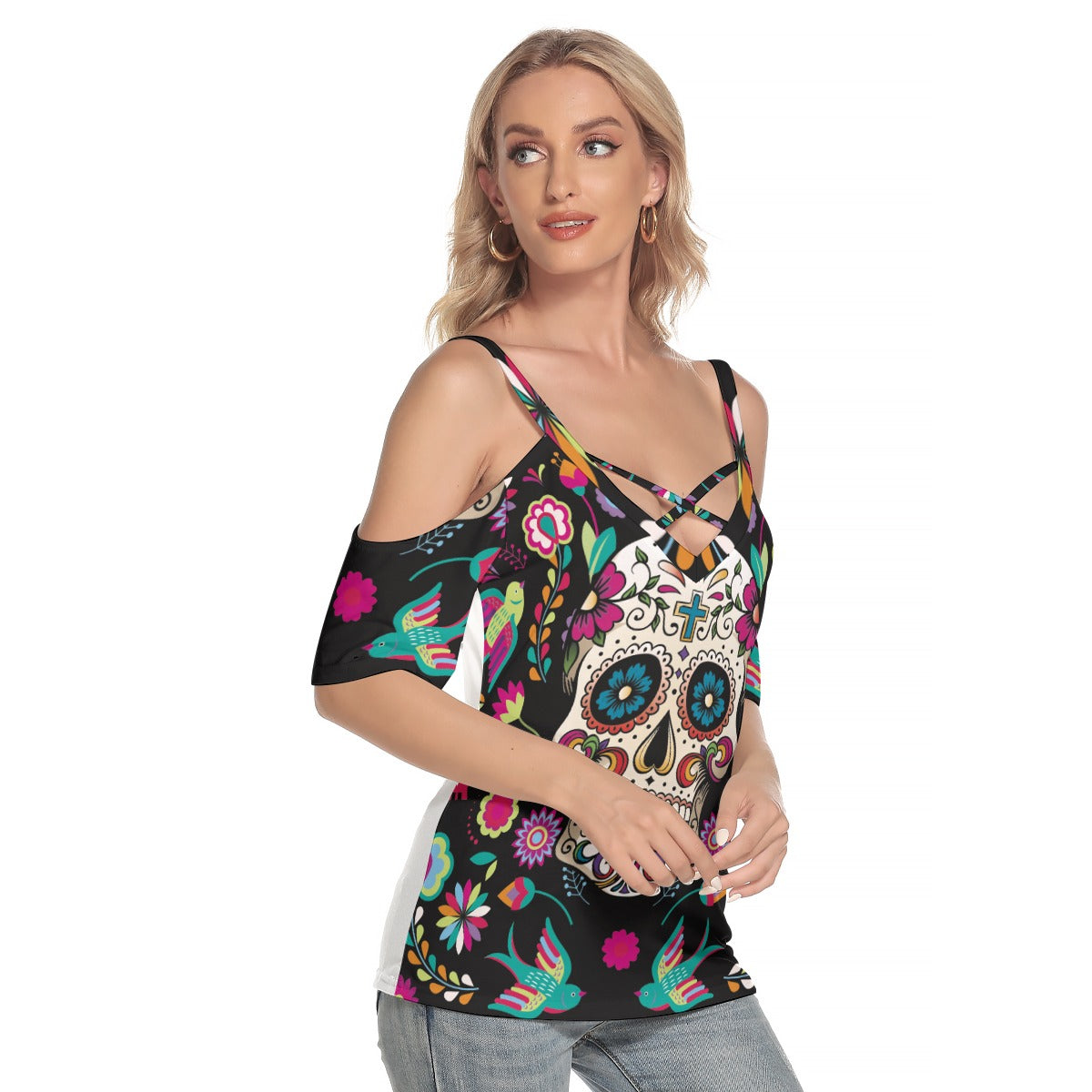 Day of the dead Women's Cold Shoulder T-shirt With Criss Cross Strips