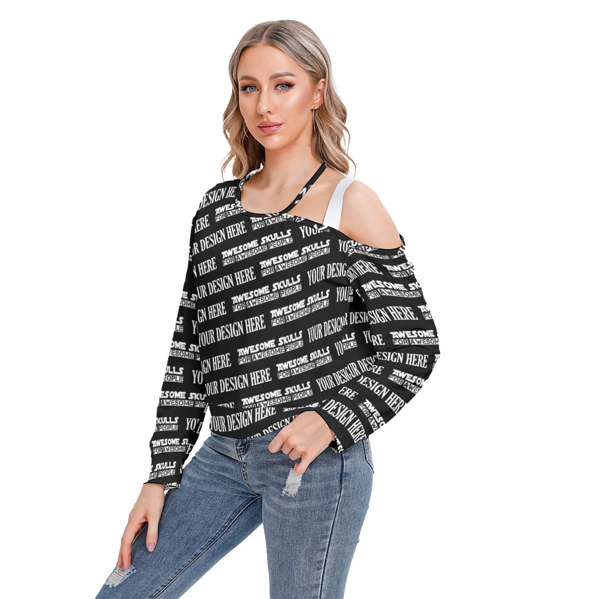 Custom print on demand pod Women's Hoodie One-shoulder Cut O-neck Sweatshirt