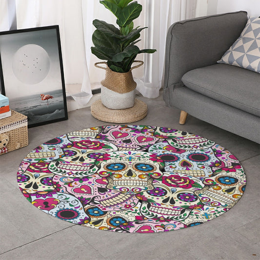 Sugar skull Dia de los muertos rounded floor mat carpet, skull gothic carpet mat foldable door mat
