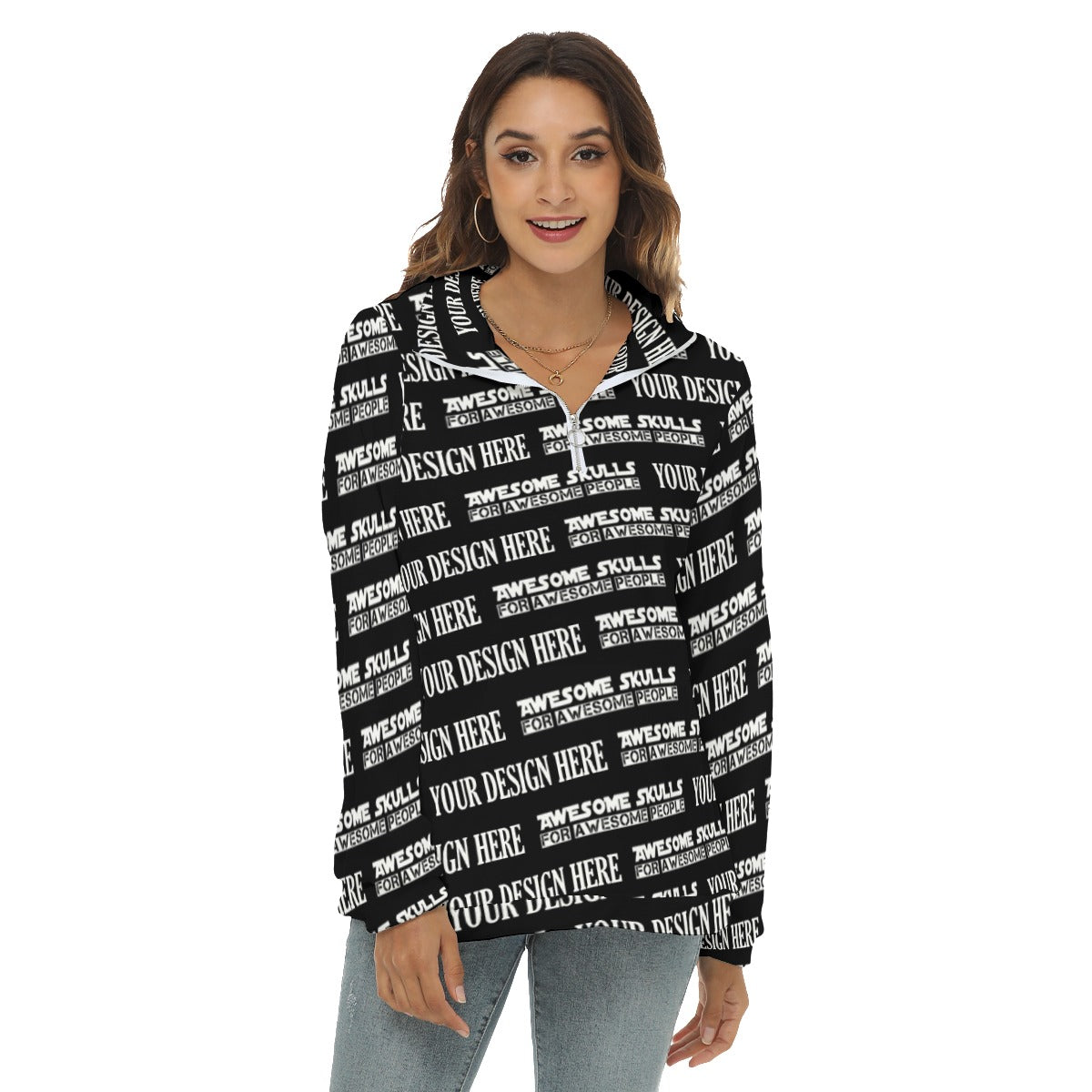 Custom print on demand pod Women's Hoodie Borg Fleece Sweatshirt With Half Zip