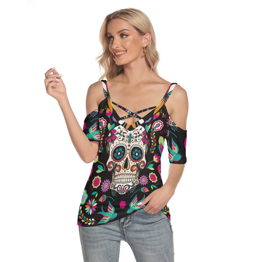 Day of the dead Women's Cold Shoulder T-shirt With Criss Cross Strips