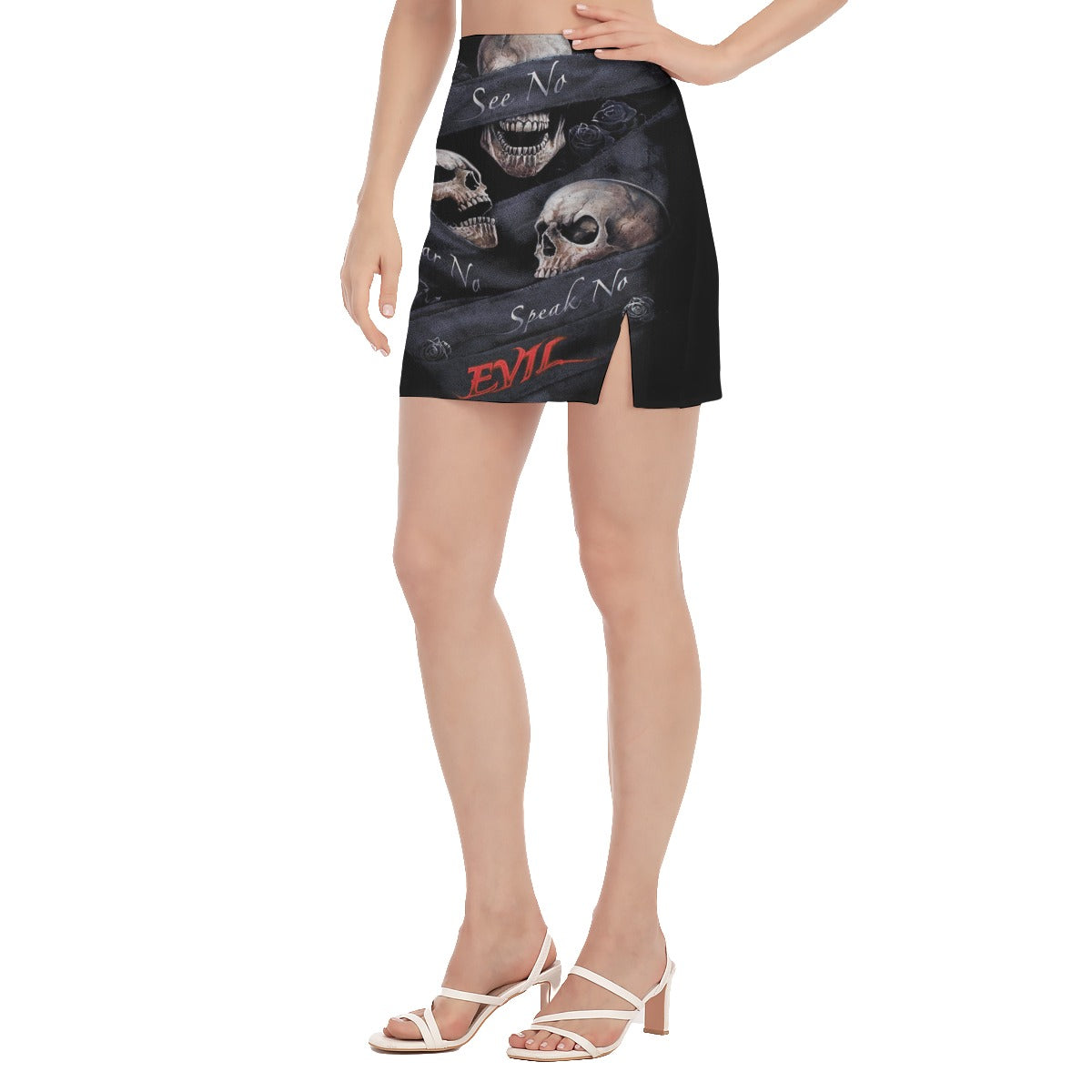 See no hear no speak no evil Halloween skull Women's Side Split Hip Skirt