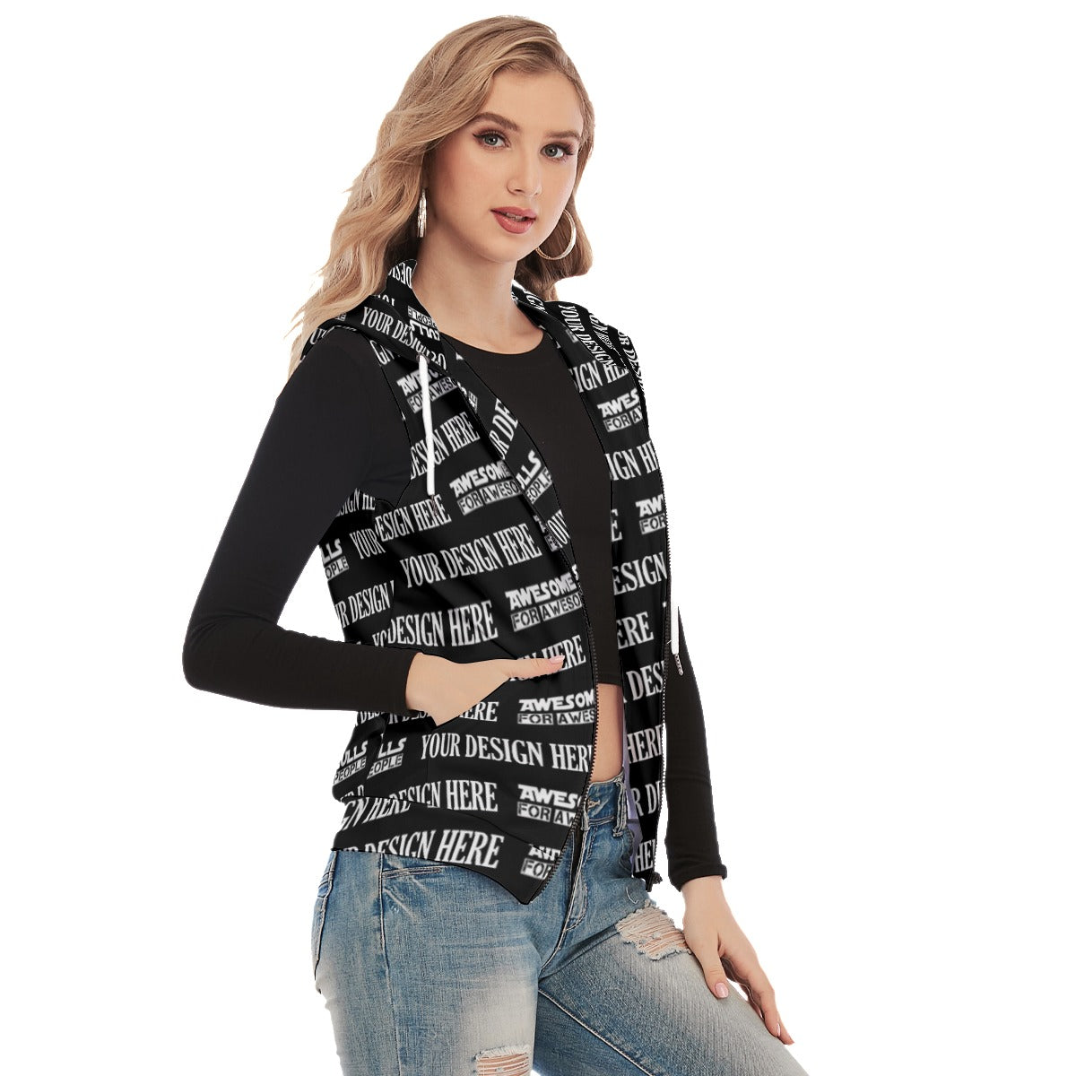 Custom print on demand pod Women's Hoodie Women's Sleeveless Hoodie With Zipper Closure