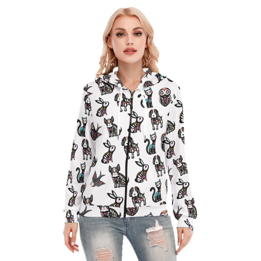 Mexican skull Women's Hoodie With Zipper, Day of the dead skull zip hoodie sweatshirt