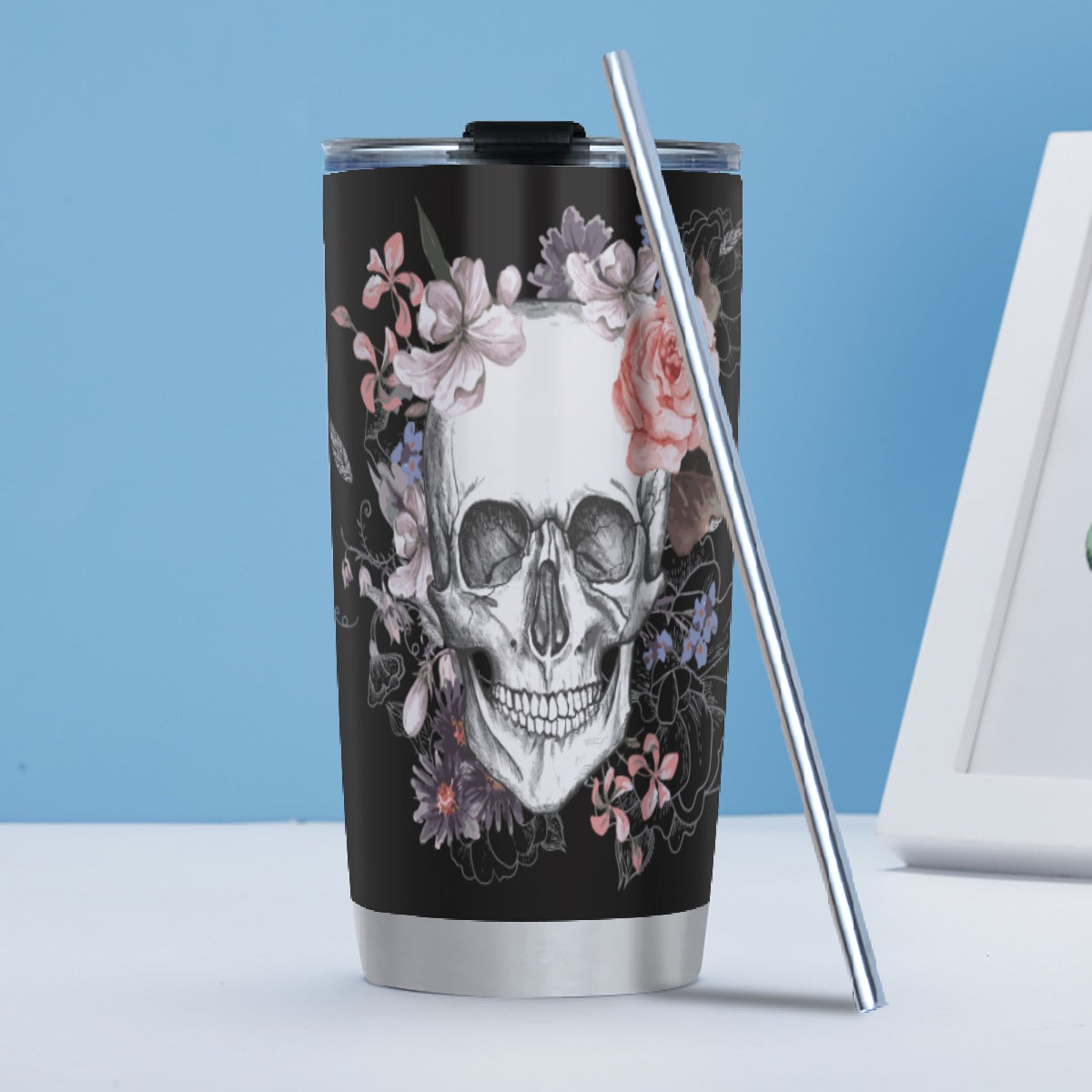 Floral sugar skull Tumbler 20oz (with Straw)