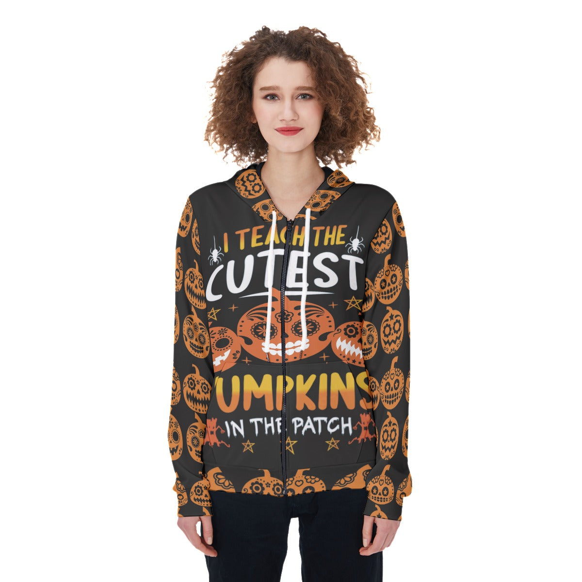 Sugar skull pumpkin Women's Zip Up Hoodie