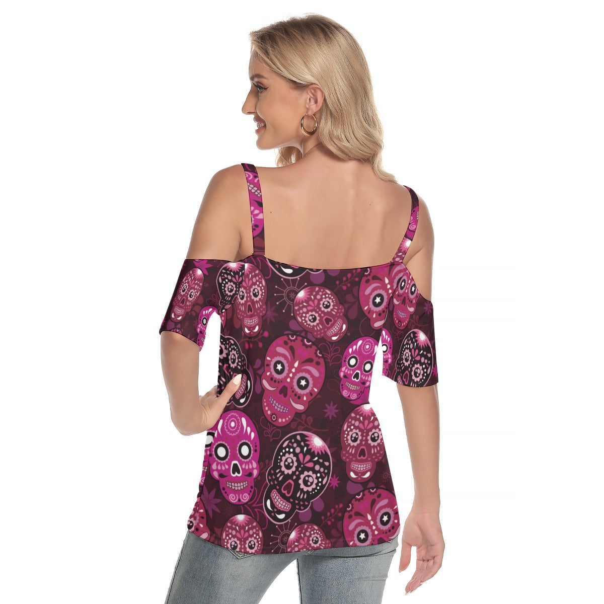 Sugar skull pattern Women's Cold Shoulder T-shirt With Criss Cross Strips