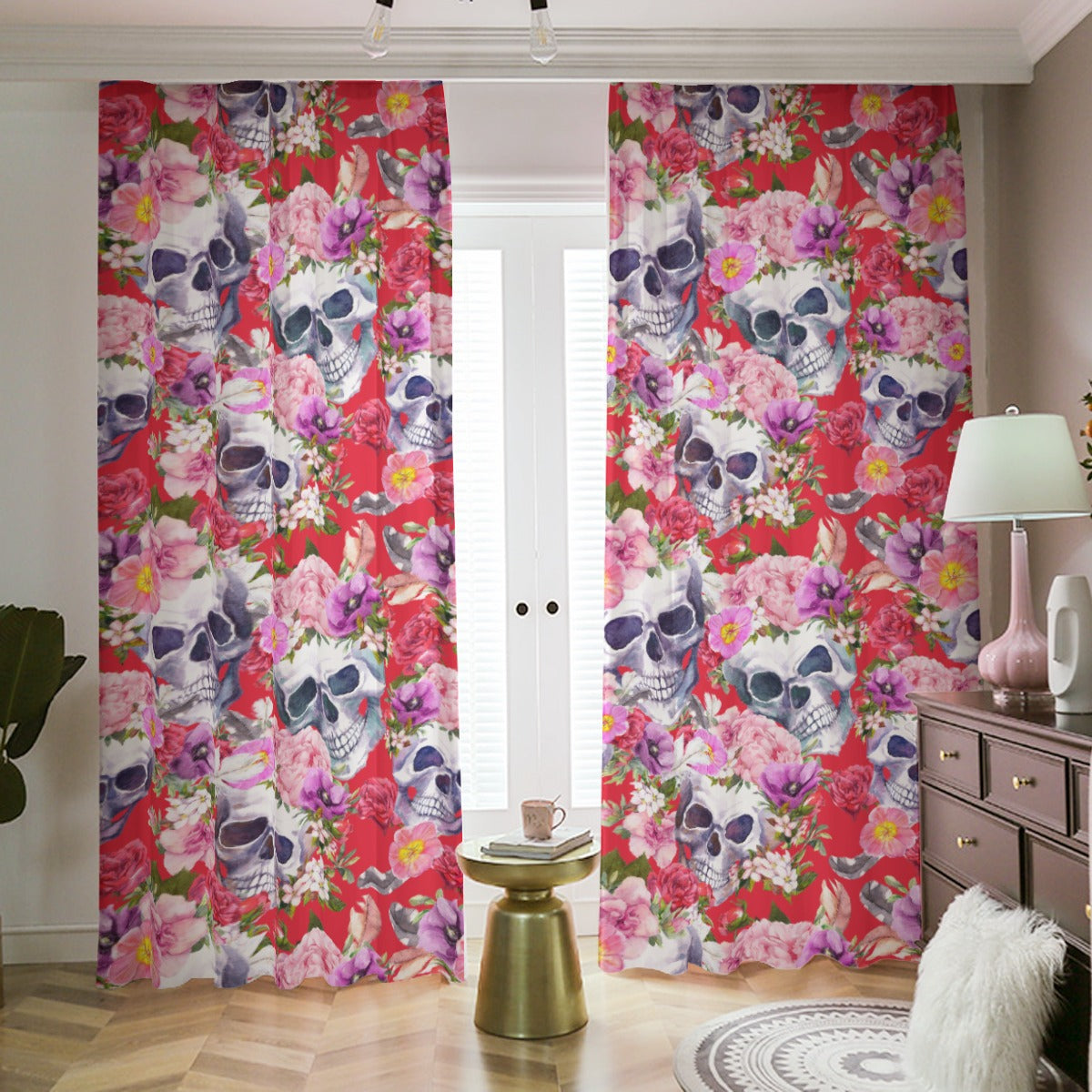 Floral skull window curtion, sugar skull Blackout Curtains with Hooks | 265(gsm)