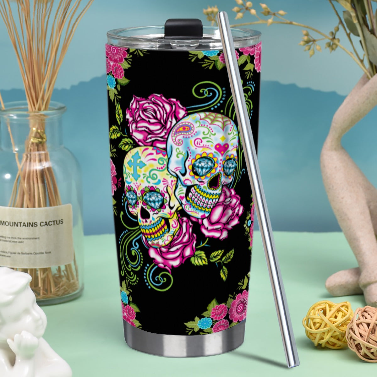 Sugar skull floral skull Tumbler 20/30oz (with Straw)