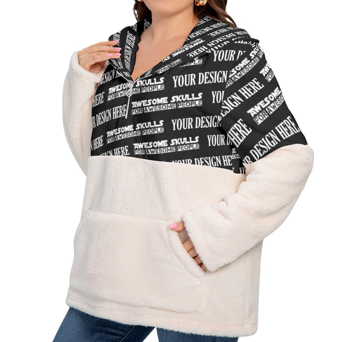 Custom print on demand pod Women's Hoodie Borg Fleece Hoodie With Half Zip (Plus Size)