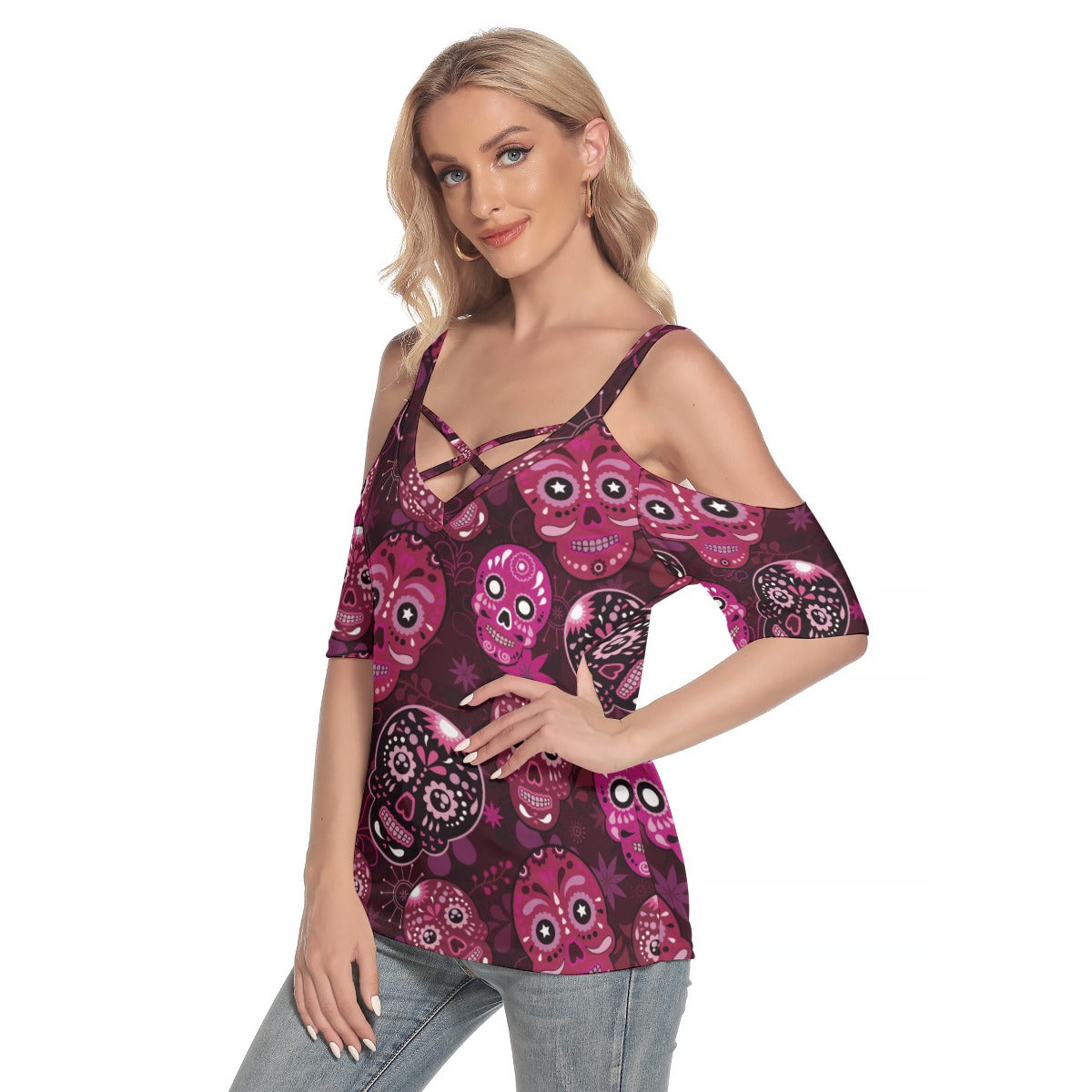 Sugar skull pattern Women's Cold Shoulder T-shirt With Criss Cross Strips