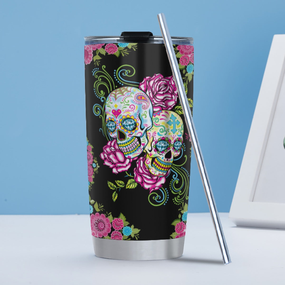 Sugar skull floral skull Tumbler 20/30oz (with Straw)