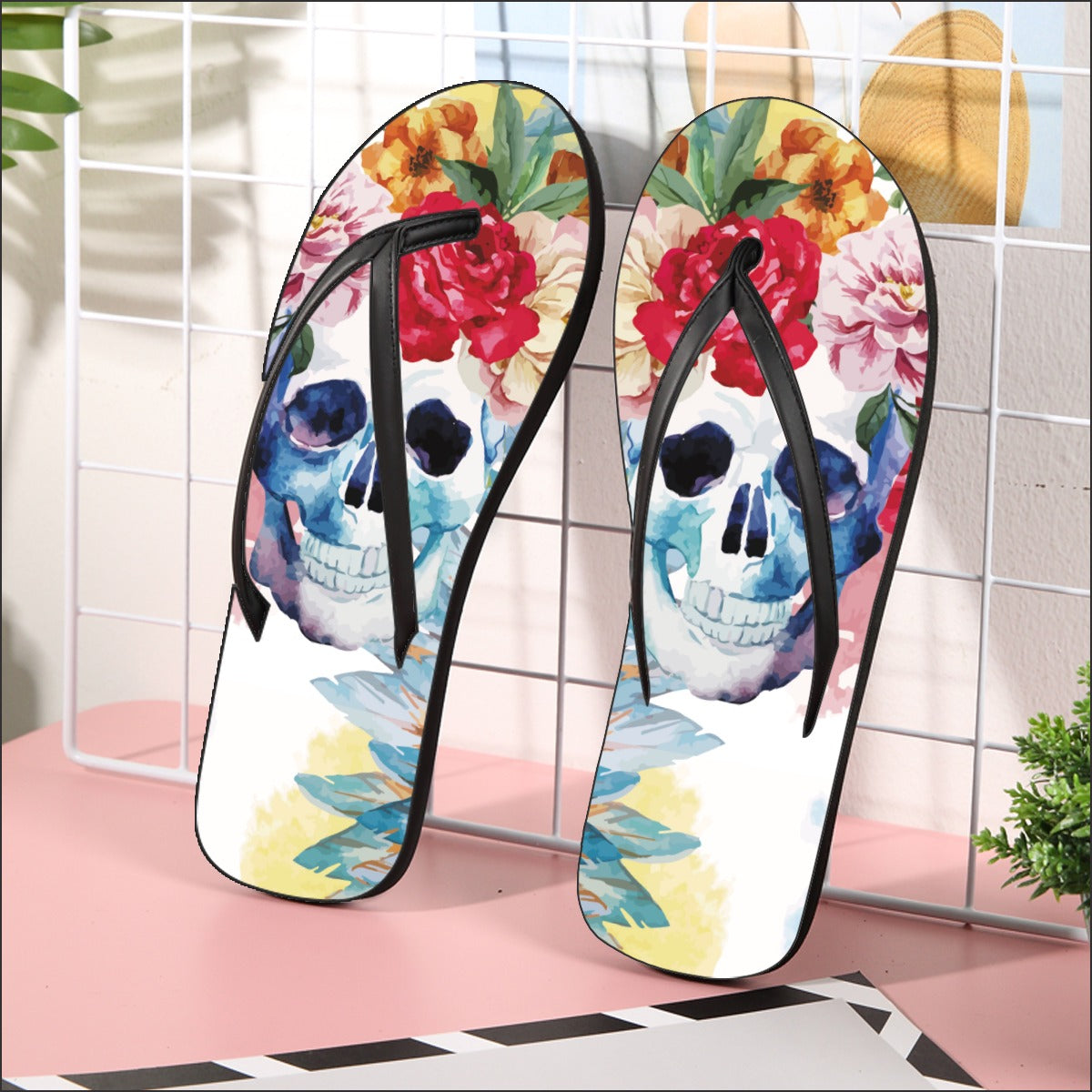 Floral rose skull Women's Flip Flops, Sugar skull shoes sandals flip flops
