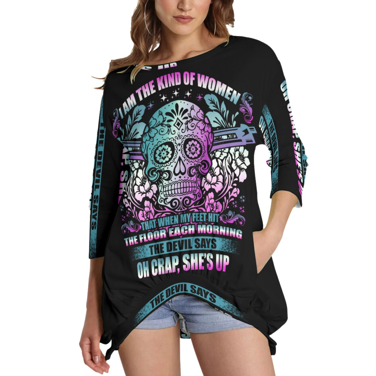 Sugar skull Women's Sweatshirt With Irregular Pleated Hem