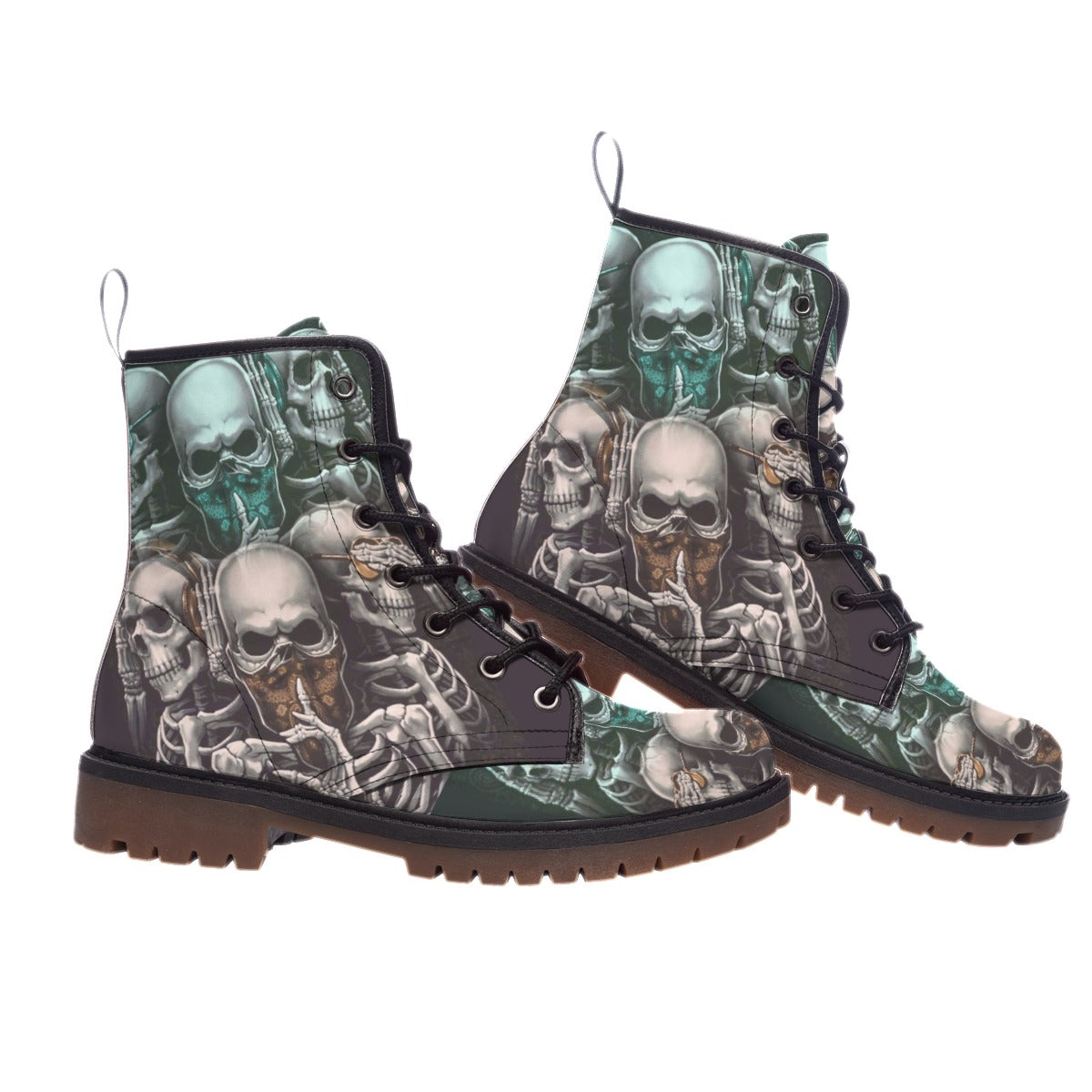 No see no hear no speak evils skull Men's Martin Short Boots, skull men's shoes