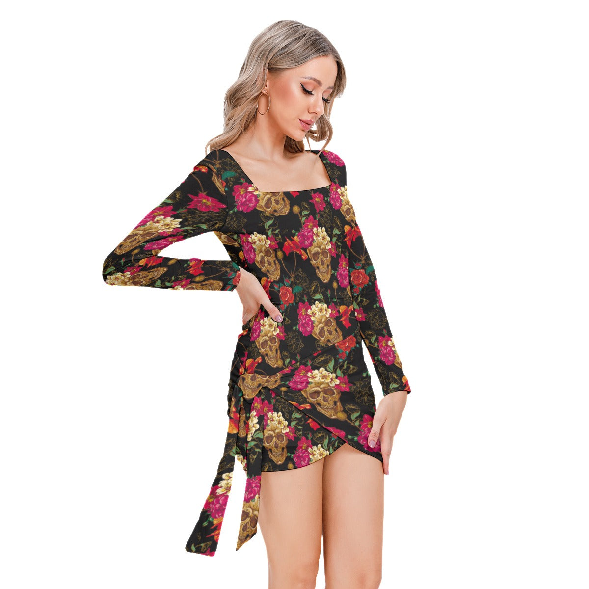 Day of the dead floral skull Women’s Square Collar Dress With Long Sleeve