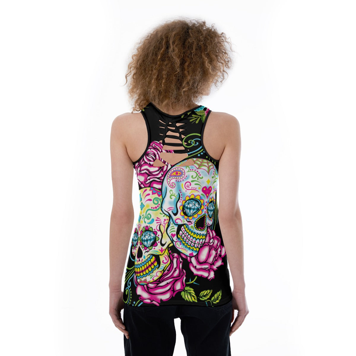 Day of the dead skull Women's Back Hollow Tank Top, sugar skull gothic tank top