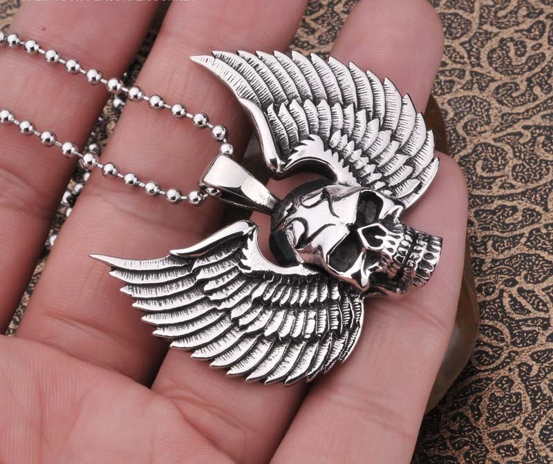 Stainless Steel Skull Pendant Necklace For Man Punk wing Jewelry good detail choker