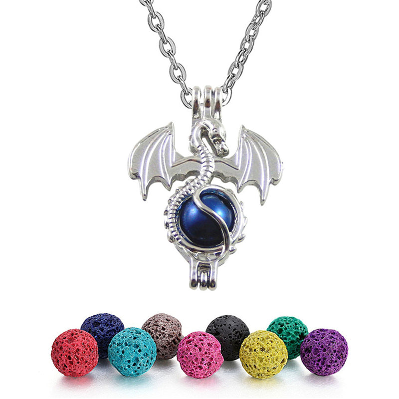 Dragon Skull Angel Horse Dolphin Bear Mermaid Shape Trendy Necklace With 6PCS Lava Rock Beads Velvet Bag Cute Jewelry