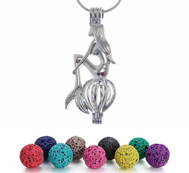 Dragon Skull Angel Horse Dolphin Bear Mermaid Shape Trendy Necklace With 6PCS Lava Rock Beads Velvet Bag Cute Jewelry