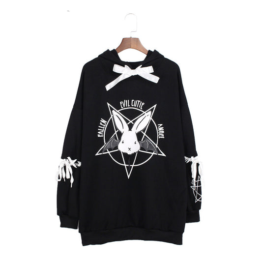 Harajuku Pentagram Print Lace Up Women Fleeces Hoodies Gothic Punk Oversize Velvet Hooded Sweatshirt Pullover Streetwear