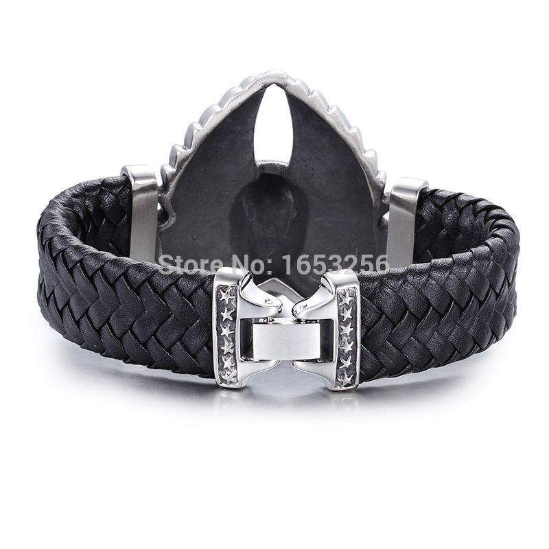 8.66'' Cool 316L Stainless Steel Men's Heavy Genuine leather Large Angel wings Skull Bracelet  Bangle Husband / father gifts