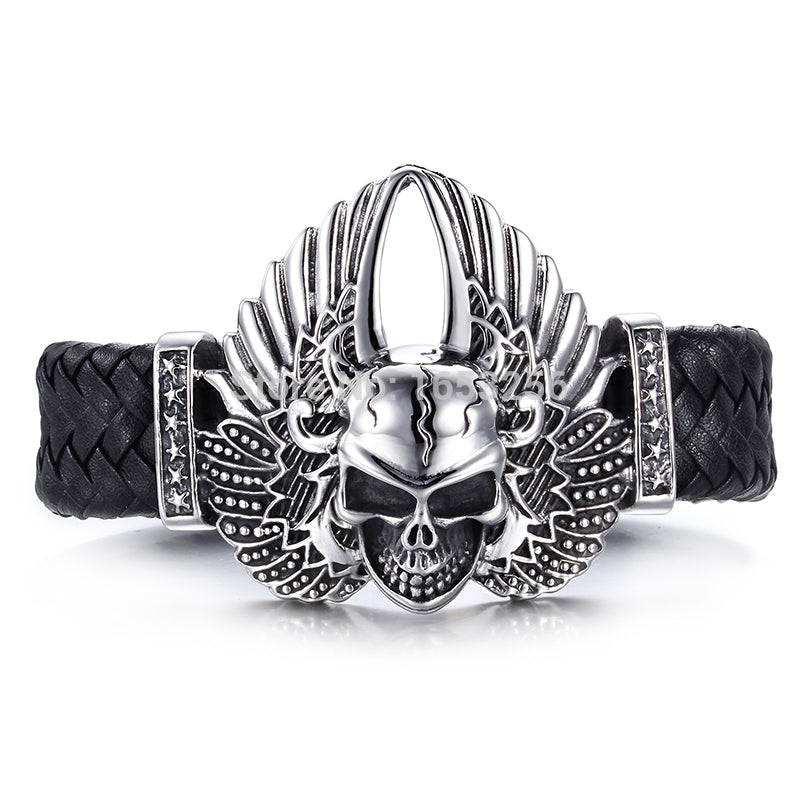 8.66'' Cool 316L Stainless Steel Men's Heavy Genuine leather Large Angel wings Skull Bracelet  Bangle Husband / father gifts
