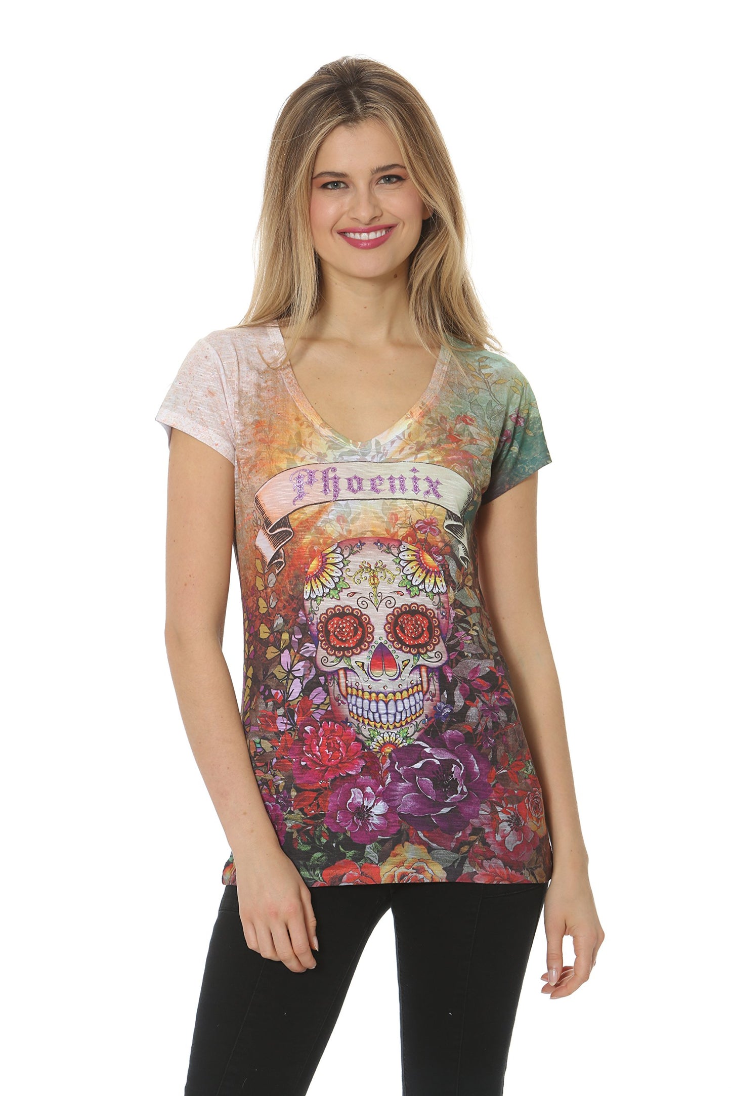 Sweet Gisele Womens Phoenix Souvenir Sugar Skull Day Of The Dead Graphic Printed T Shirt Top