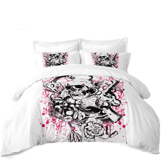 Luxury White Gun Skull Bedding Set Hot Pink Flower Duvet Cover Set Pillowcase Ladies Sweet Bedclothes House Decor Bed Cover D49