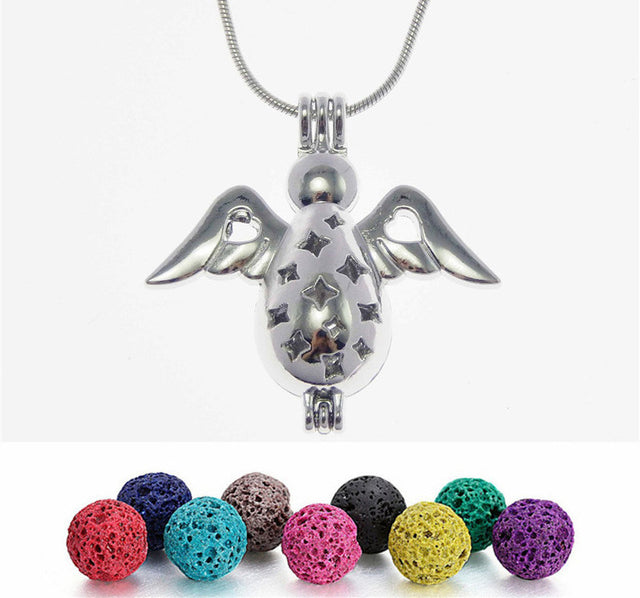 Dragon Skull Angel Horse Dolphin Bear Mermaid Shape Trendy Necklace With 6PCS Lava Rock Beads Velvet Bag Cute Jewelry