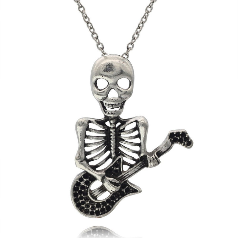 Women's Jewelry Vintage Silver Tone 1.8"X1.4" Play The Guitar Skull Pendant Short Necklace