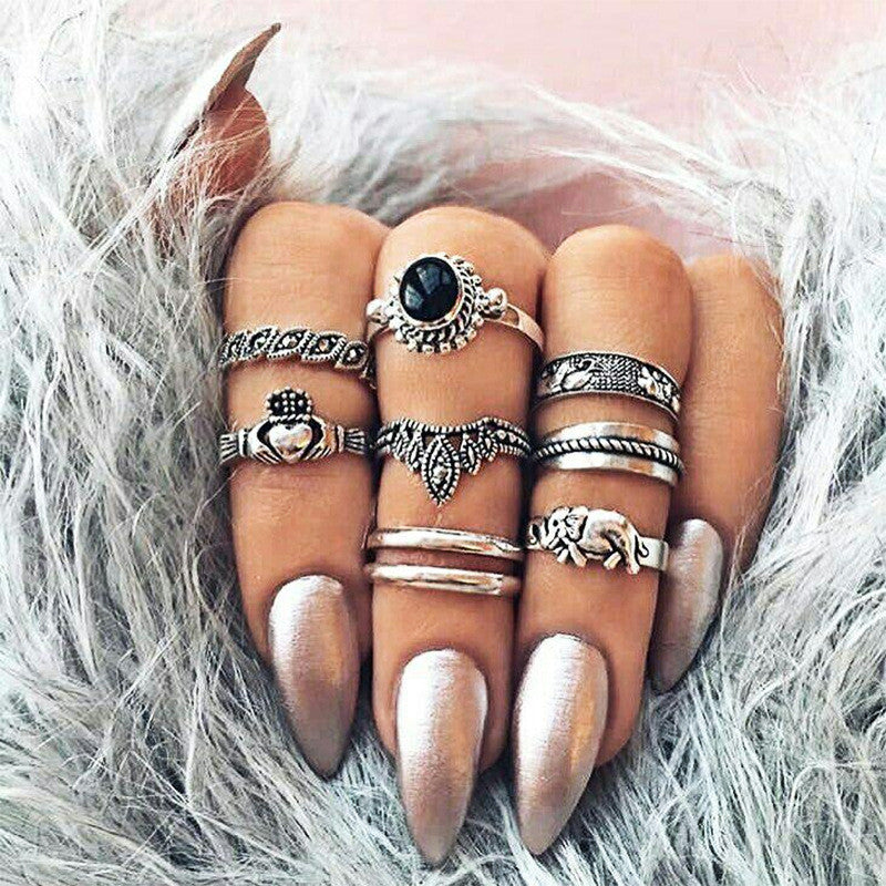 8pcs/set Boho Knuckle Rings Carved Elephant Heart Crown Rings for Women Vintage Party Midi Ring Jewelry valentines day gift
