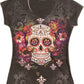 Sweet Gisele Sugar Skull V-Neck T Shirt Day of The Dead Rhinestones Bling for Women Black