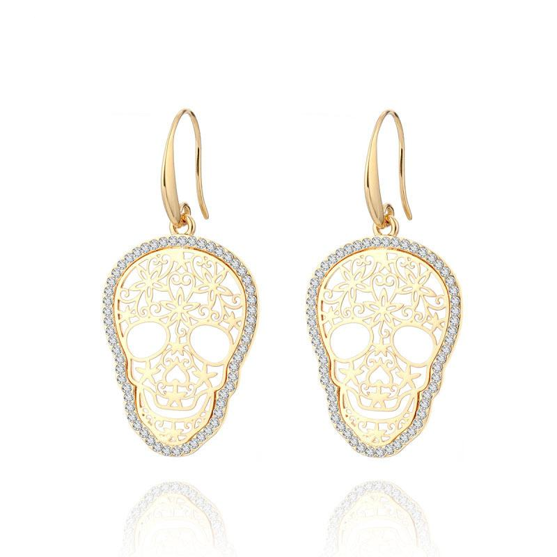 Gold Color Hollow Skull Earrings Trendy Shining CZ Crystal Drop Earrings