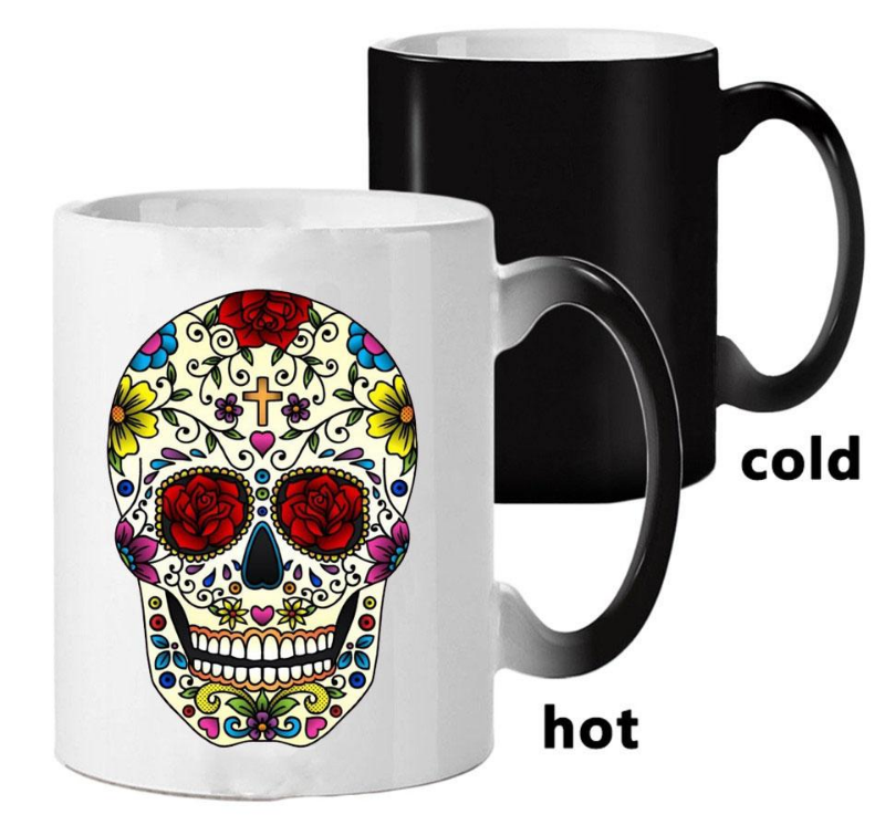 Colorful Skull Mugs Glass Heat Color Changing Cup Discoloration Magic