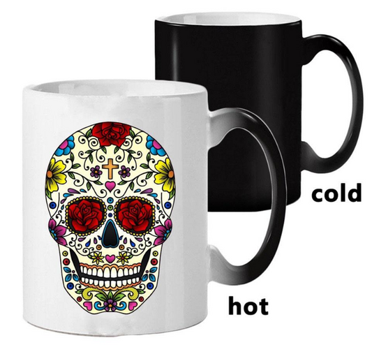 Colorful Skull Mugs Glass Heat Color Changing Cup Discoloration Magic