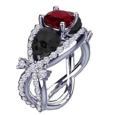 Red Zircon Black Gold Filled Cross Punk Skeleton Skull Rings Demon Women's Ring