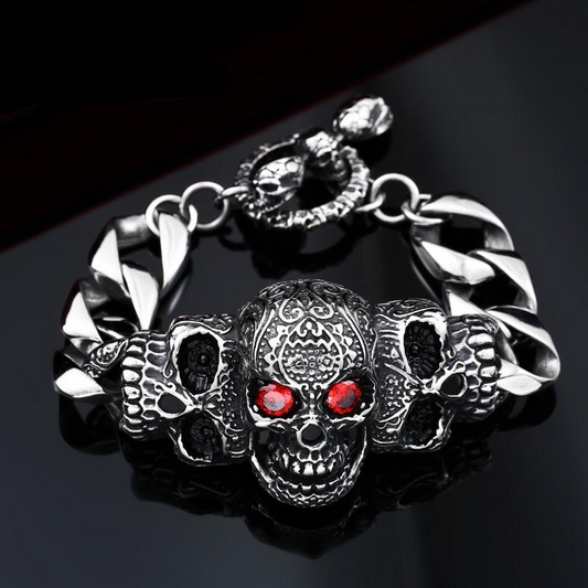316lStainless steelCool Men's Steel High Quality Red Eye Stone Biker Man Skull charms Bracelet Chain Factory Price BC8-021