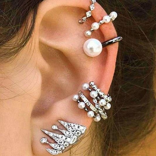 9PCS Boho Ear Cuff Brincos Simulated Pearl Ear Clip Earrings Set Women Statement Bohemia Crystal Ear Cartilag Earrings Jewelry