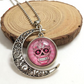 NEW Handmade pink sugar skull Hollow Moon Pendant Silver Necklace