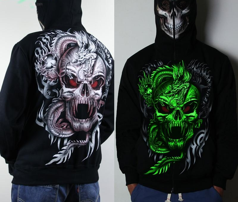 Hot Sell Luminous Sweatshirt Neon Outerwear Zipper 3D Mask Hiphop Outerwear Male Hoodie Pull Cap Personality Mens Clothing
