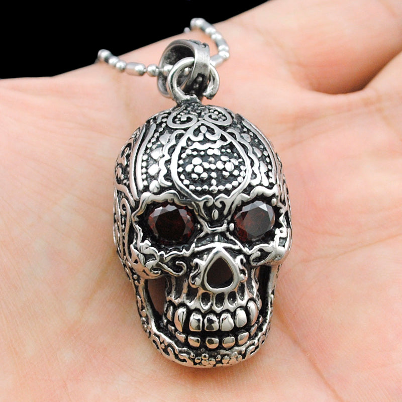 Punk Mexican Tattoo Stainless Steel Skull Pendant Necklace With Red Eyes Crystal Charm Men Fashion Jewelry For Biker
