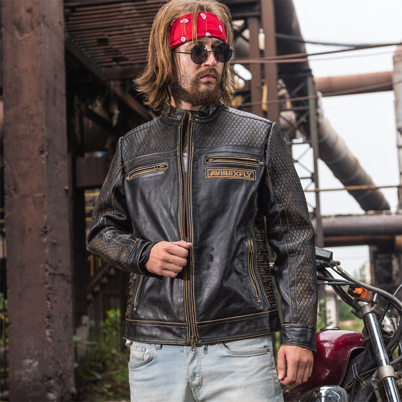 Men Motorcycle Leather Jacket Genuine 100% Real Cowskin Embroidery skulls Biker Jacket Winter Coats
