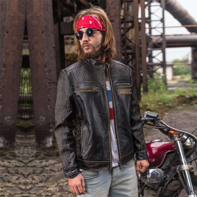 Men Motorcycle Leather Jacket Genuine 100% Real Cowskin Embroidery skulls Biker Jacket Winter Coats
